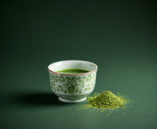 Cup of matcha tea with powder on table.