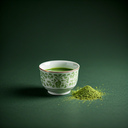 Cup of matcha tea with powder on table.
