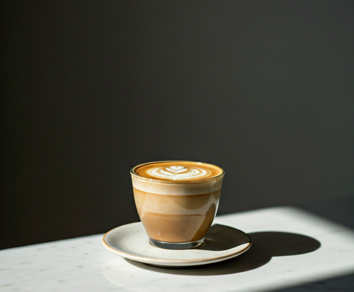 Glass of cappuccino with latte art on table.