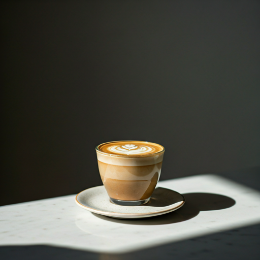 Glass of cappuccino with latte art on table.