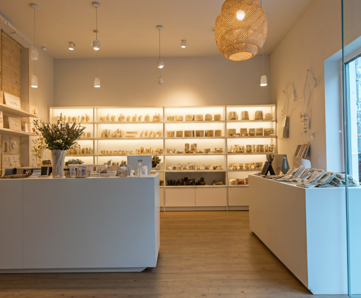 Modern well-lit retail store with shelves and products.