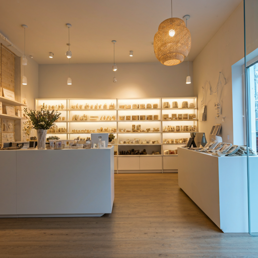 Modern well-lit retail store with shelves and products.
