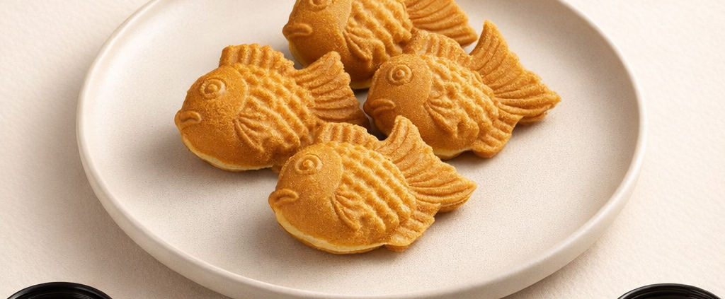 Fish-shaped pastries with dipping sauces.