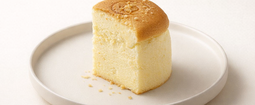 Slice of fluffy cheesecake on white plate