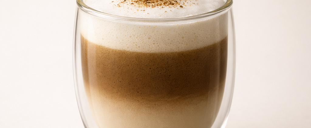 Steaming cappuccino in a double-wall glass