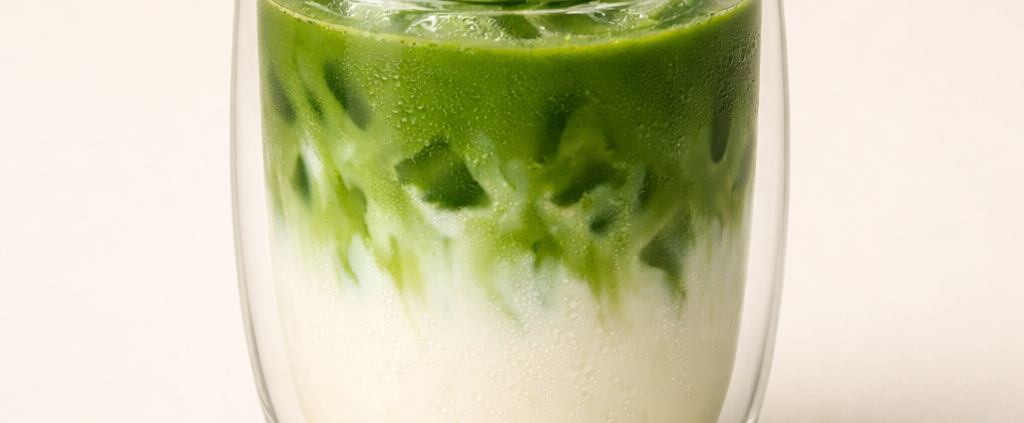 Iced matcha latte in a glass