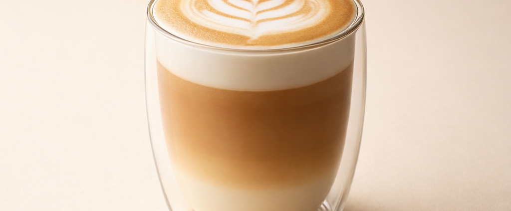 Latte art in clear double-walled glass.