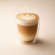 Latte art in clear double-walled glass.