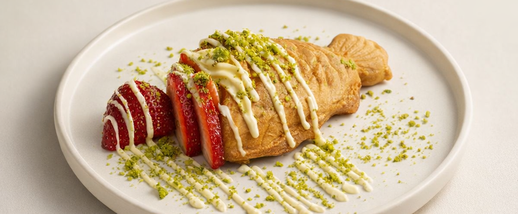 Fish-shaped pastry with strawberries and cream