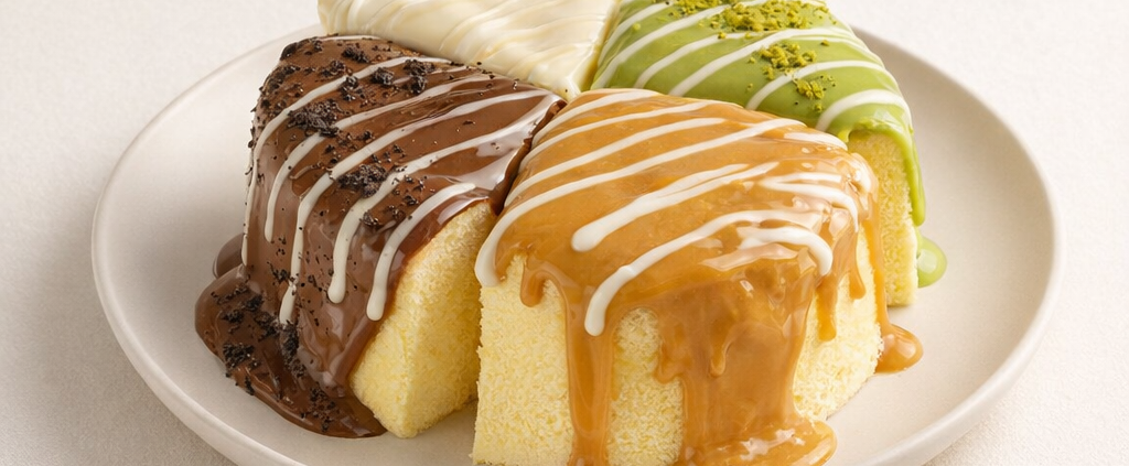Four slices of cake with different sauces.